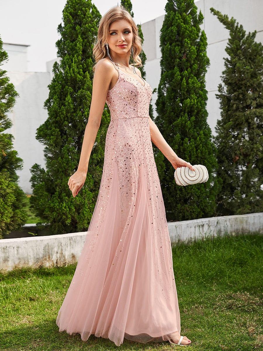 Robe de soirée sans manches en tulle à col en V et à paillettes avec taille empire #Couleur_Rose