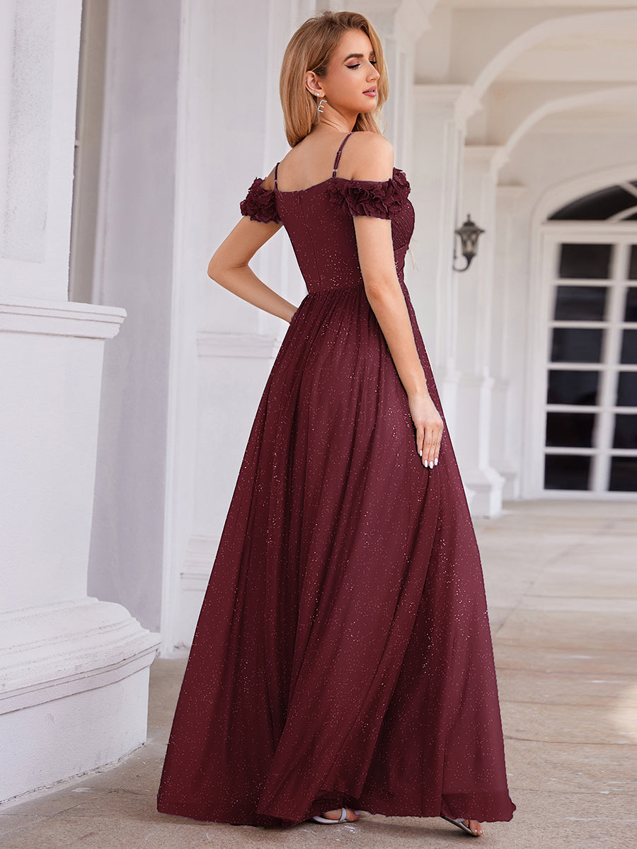 Robe D'invité De Mariage En Mousseline De Soie Mi-Longue Plissée à Manches à Volants Et Col En V #Couleur_Bordeaux