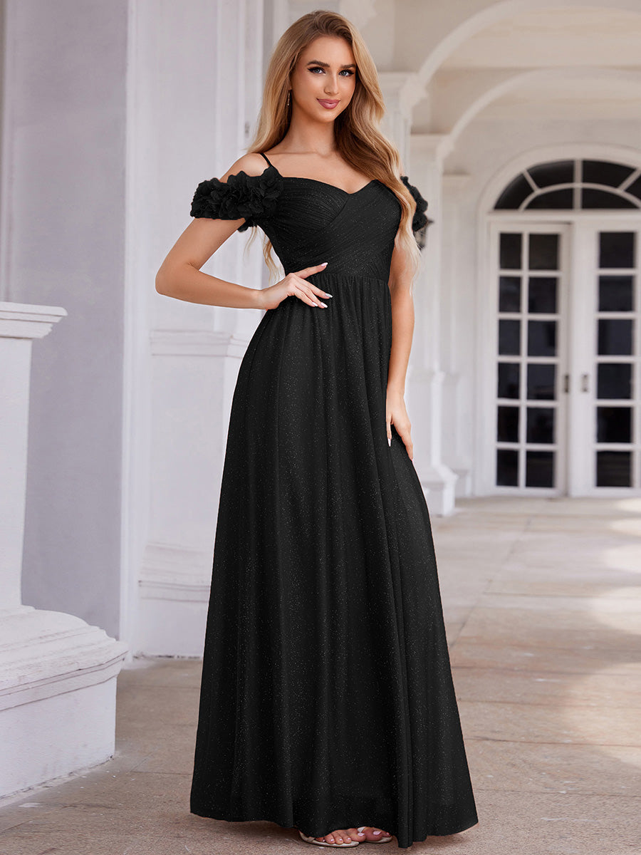 Robe D'invité De Mariage En Mousseline De Soie Mi-Longue Plissée à Manches à Volants Et Col En V #Couleur_Noir