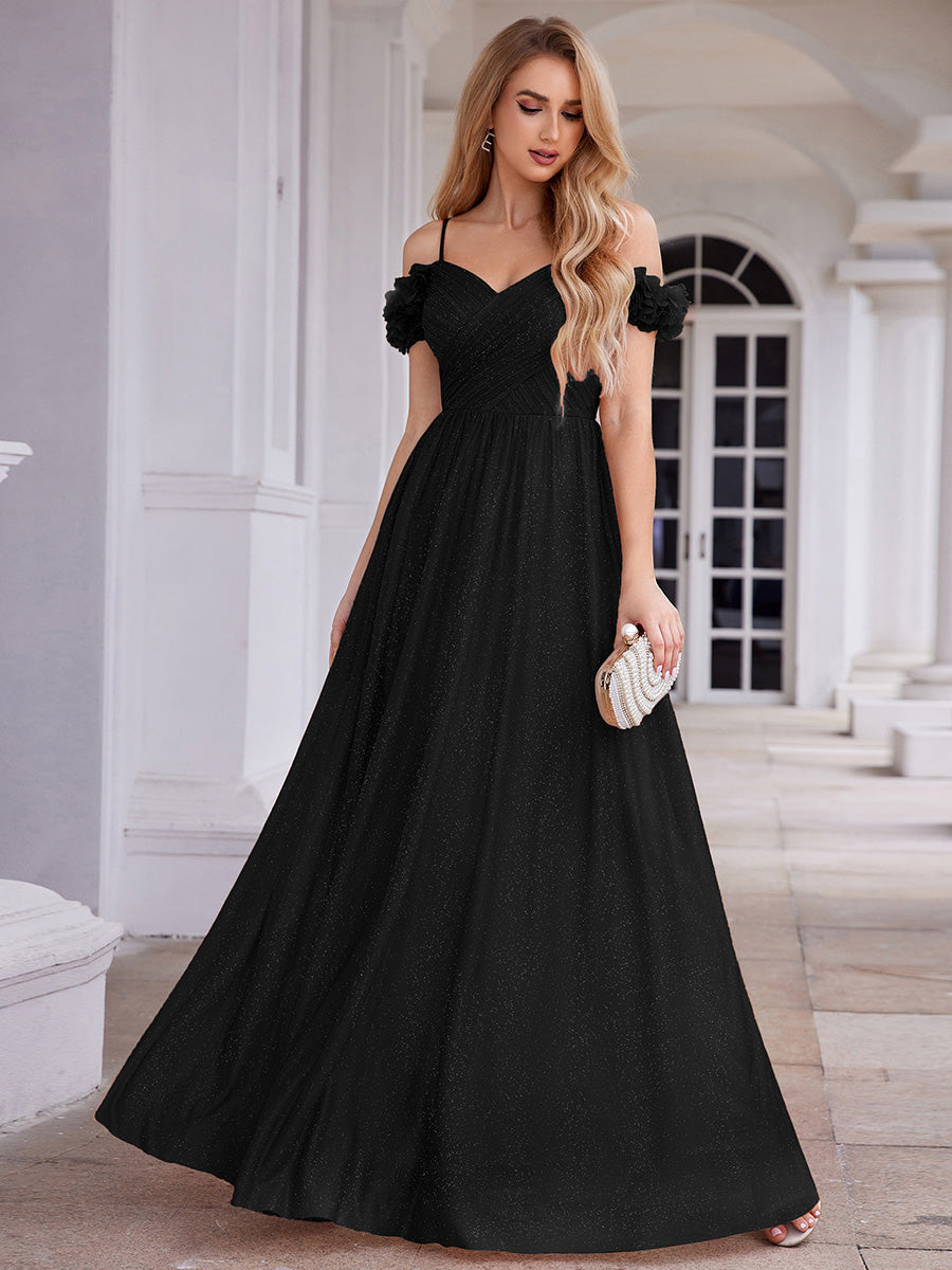Robe D'invité De Mariage En Mousseline De Soie Mi-Longue Plissée à Manches à Volants Et Col En V #Couleur_Noir