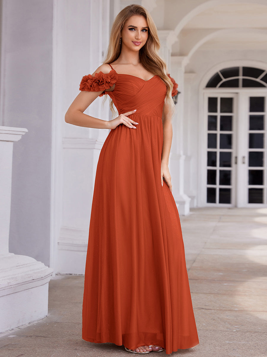 Robe de soirée plissée étincelante à col en V et épaules dénudées avec détails floraux #Couleur_Burnt Orange
