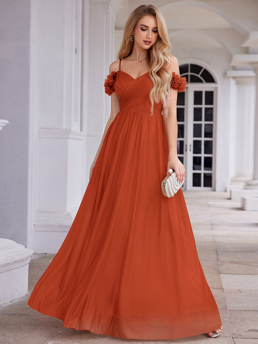 Robe de soirée plissée étincelante à col en V et épaules dénudées avec détails floraux #Couleur_Burnt Orange