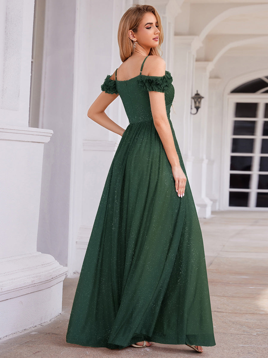 Robe D'invité De Mariage En Mousseline De Soie Mi-Longue Plissée à Manches à Volants Et Col En V #Couleur_Vert Fonce