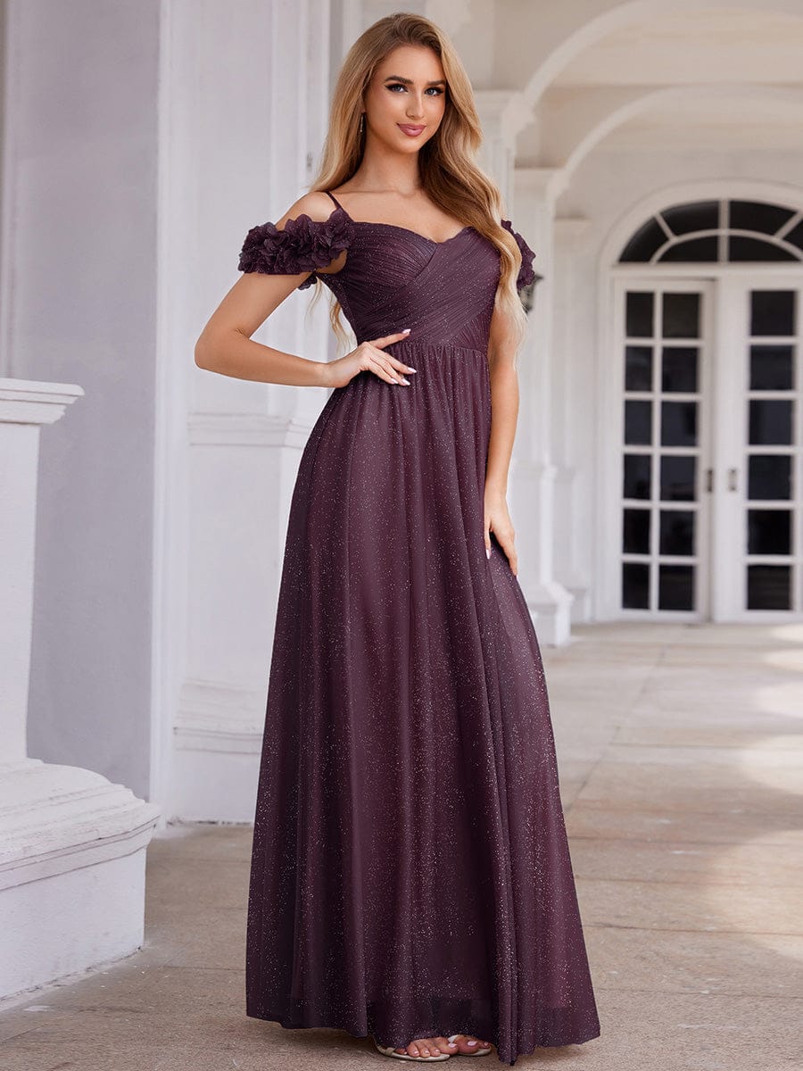 Robe D'invité De Mariage En Mousseline De Soie Mi-Longue Plissée à Manches à Volants Et Col En V #Couleur_Violet Fonce