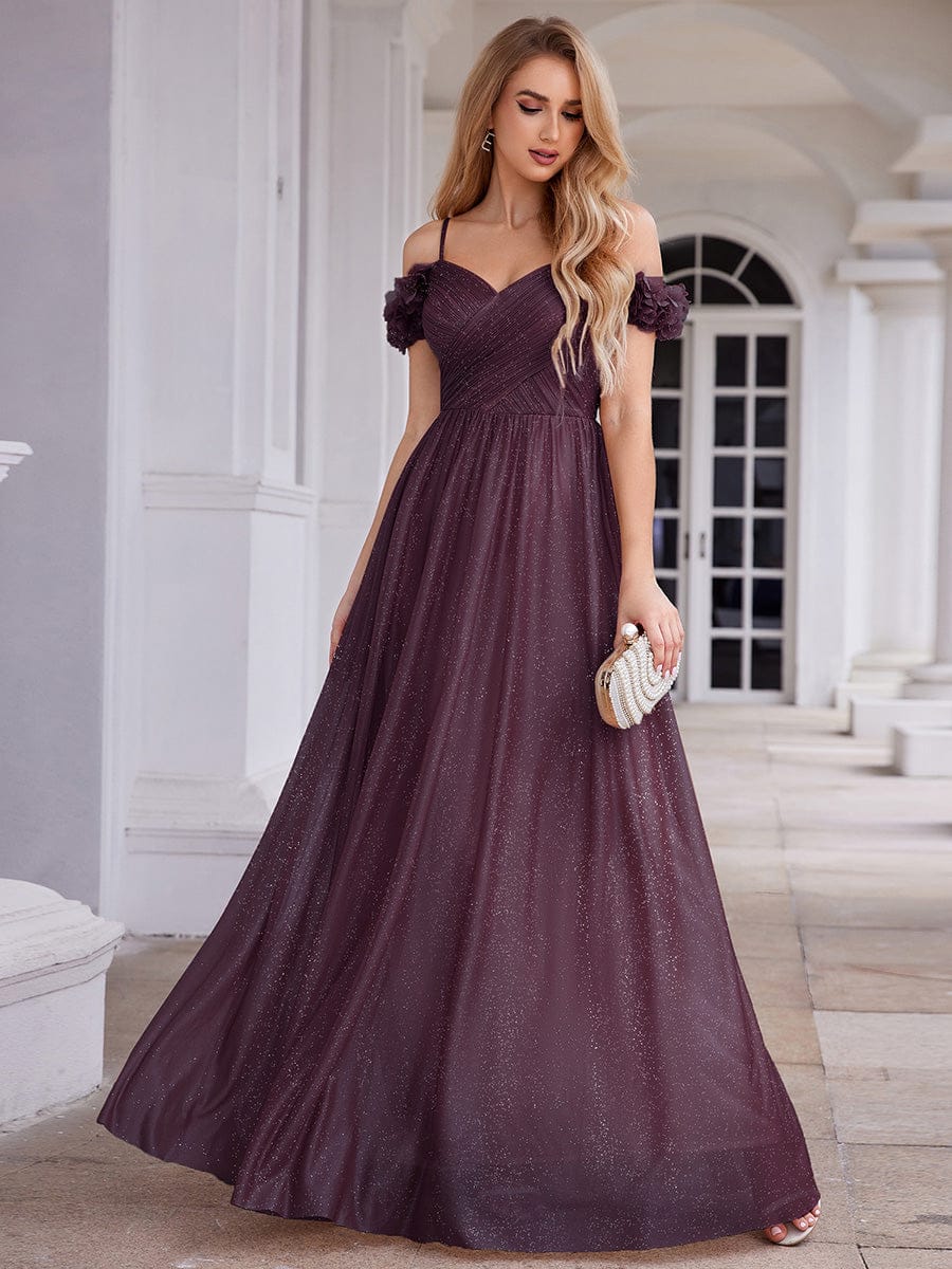 Robe D'invité De Mariage En Mousseline De Soie Mi-Longue Plissée à Manches à Volants Et Col En V #Couleur_Violet Fonce