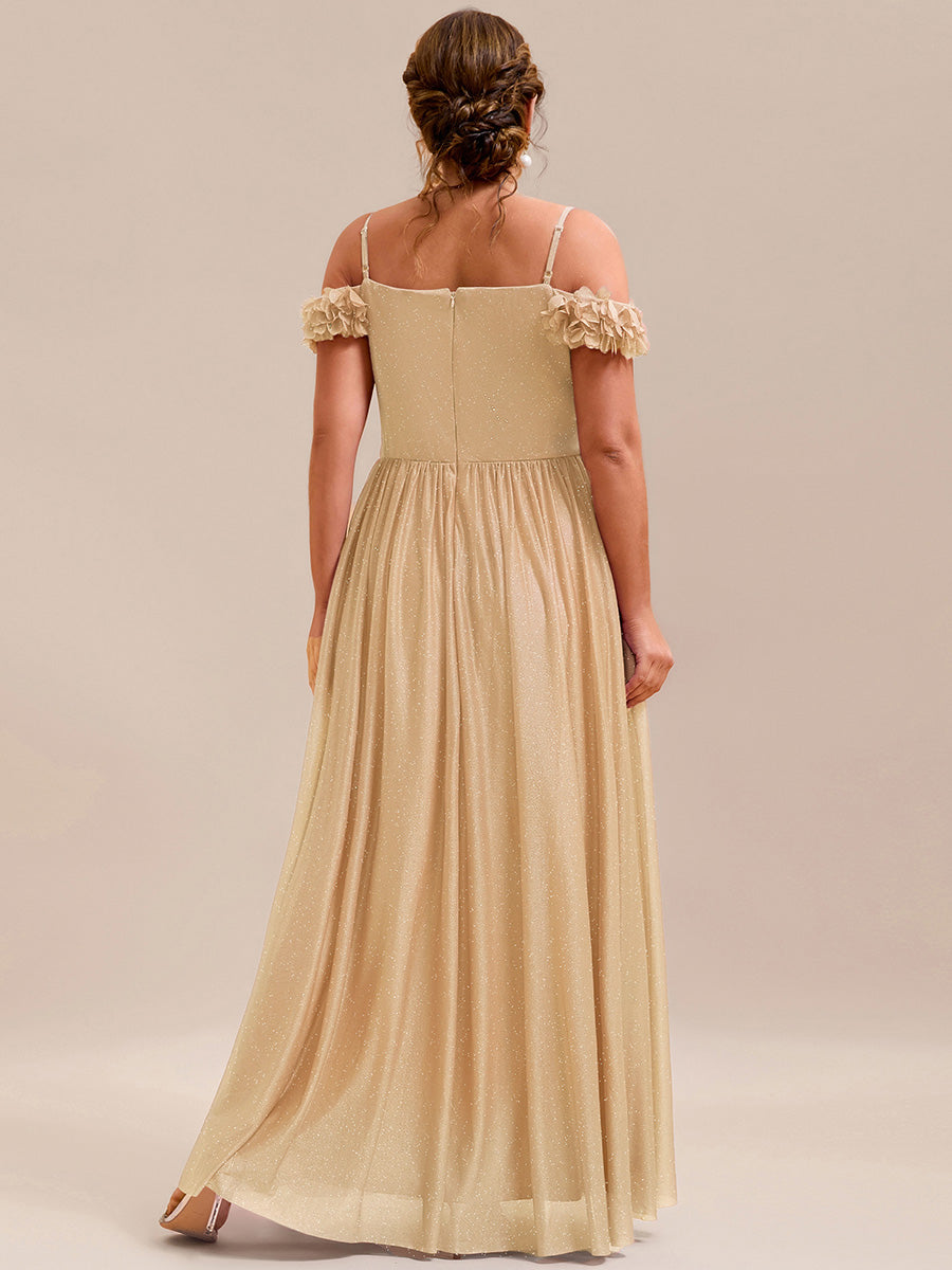 Robe D'invité De Mariage En Mousseline De Soie Mi-Longue Plissée à Manches à Volants Et Col En V #Couleur_Dorée