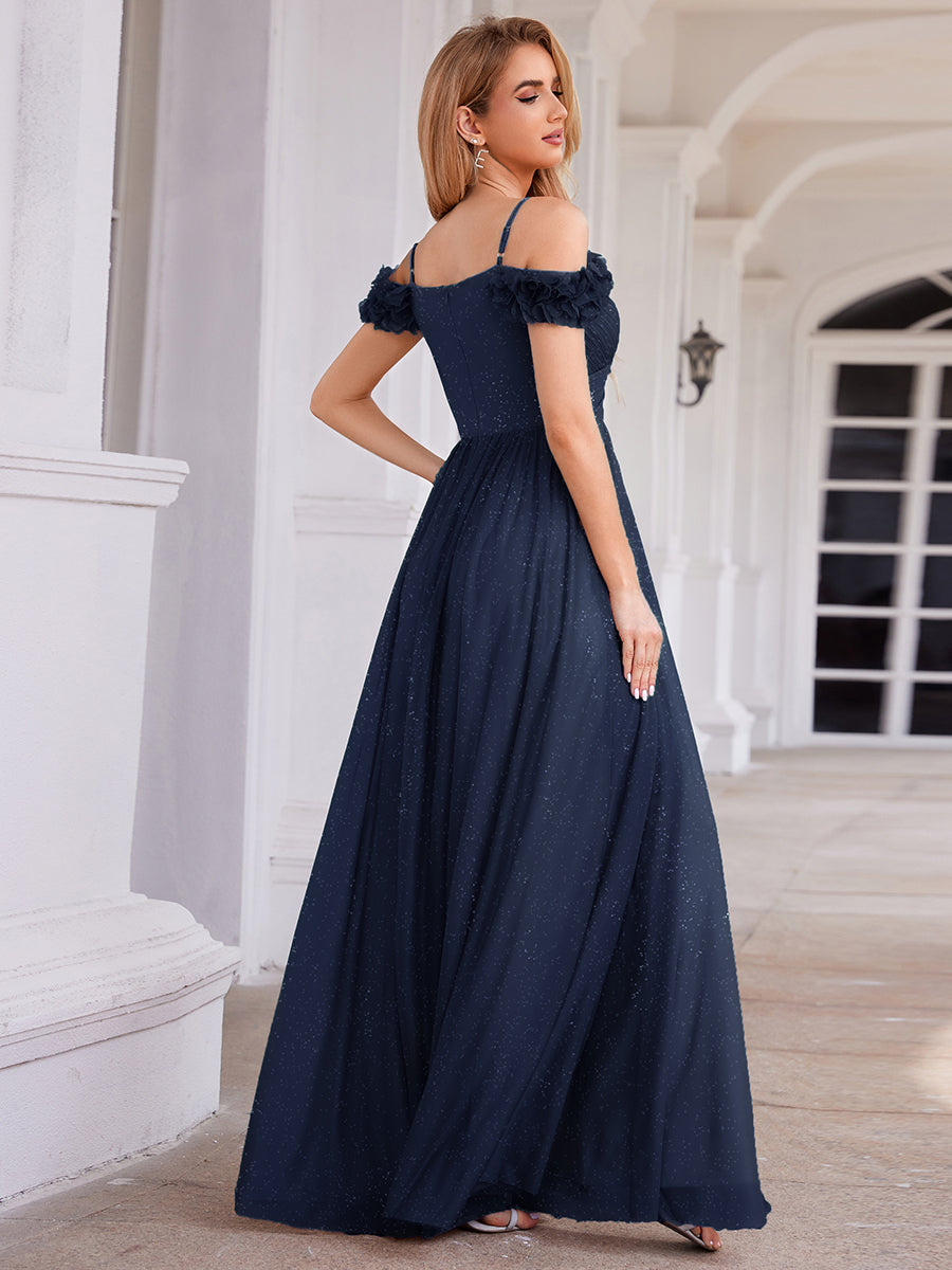Robe D'invité De Mariage En Mousseline De Soie Mi-Longue Plissée à Manches à Volants Et Col En V #Couleur_Bleu Marine