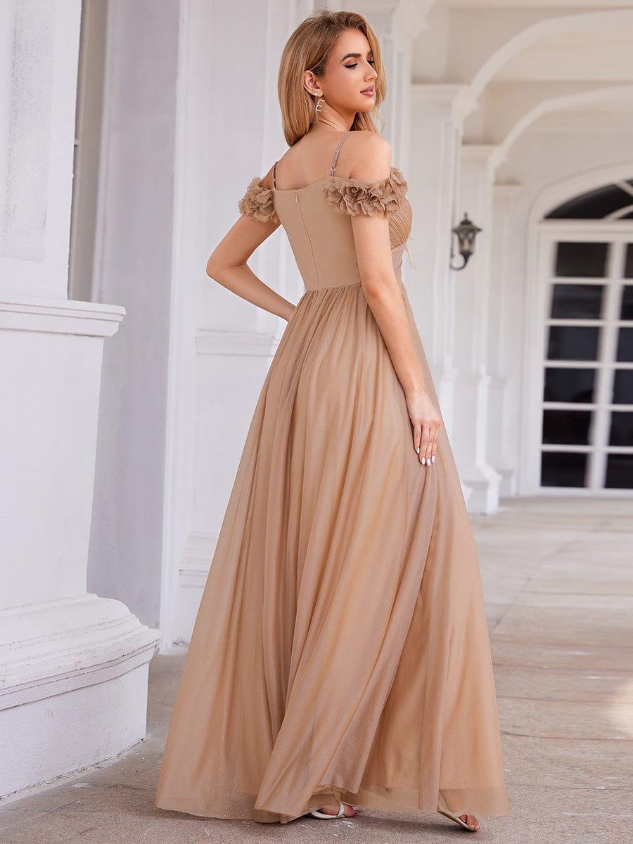 Robe de soirée plissée étincelante à col en V et épaules dénudées avec détails floraux #Couleur_Or Rose