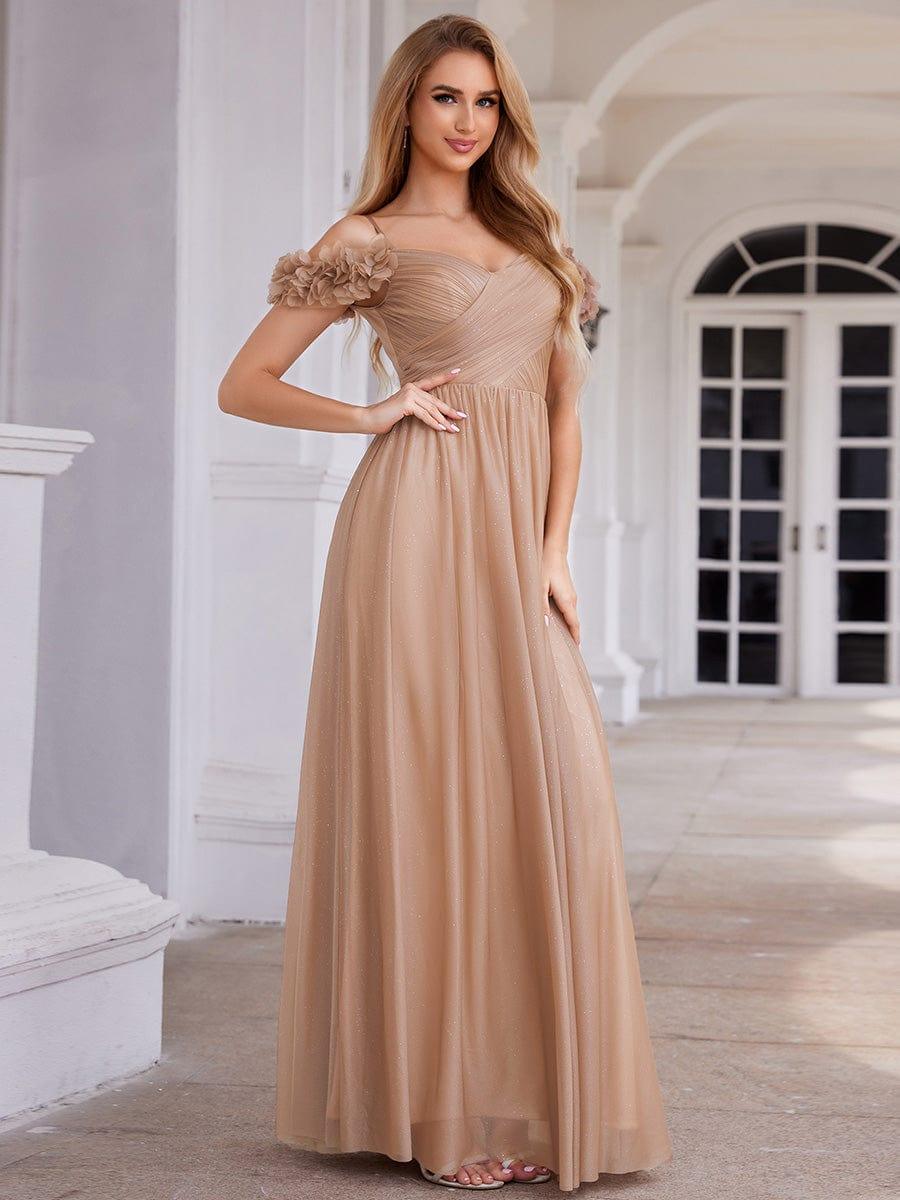 Robe de soirée plissée étincelante à col en V et épaules dénudées avec détails floraux #Couleur_Or Rose