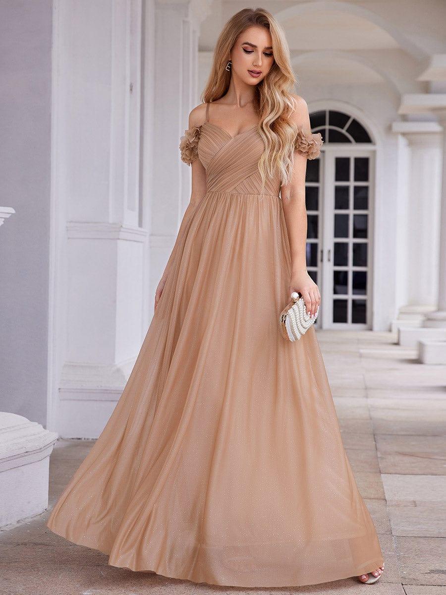 Robe de soirée plissée étincelante à col en V et épaules dénudées avec détails floraux #Couleur_Or Rose