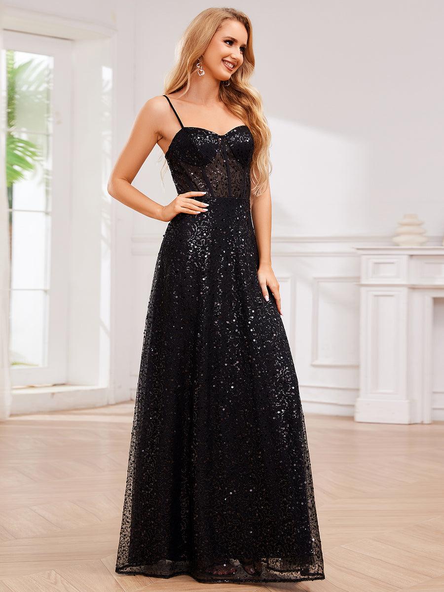 Robe de soirée élégante à bretelles spaghetti et sequins #Couleur_Noir