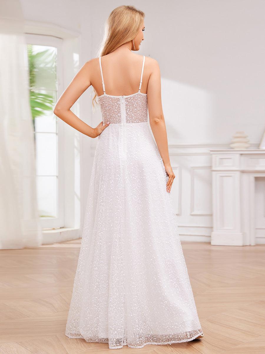 Robe de soirée élégante à bretelles spaghetti et sequins #Couleur_Blanc
