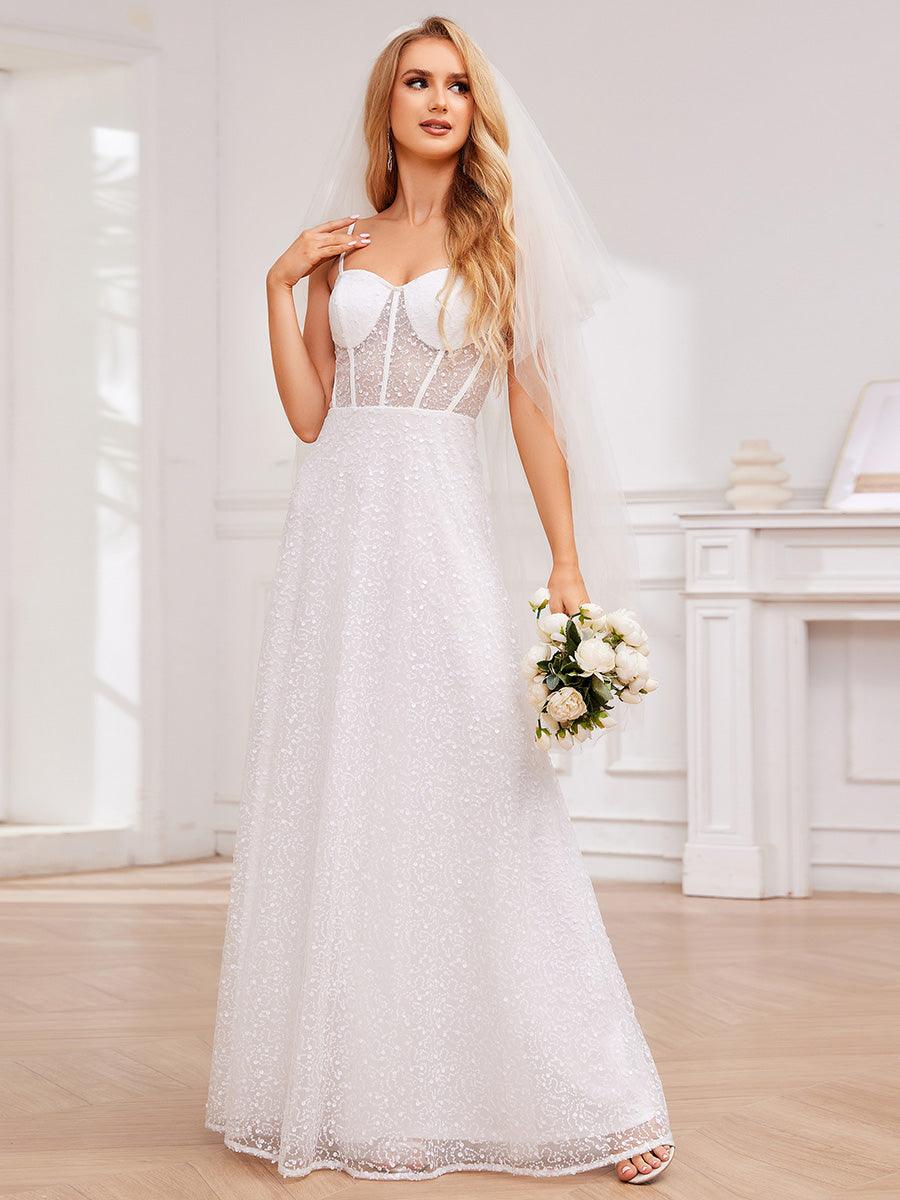 Robe de soirée élégante à bretelles spaghetti et sequins #Couleur_Blanc