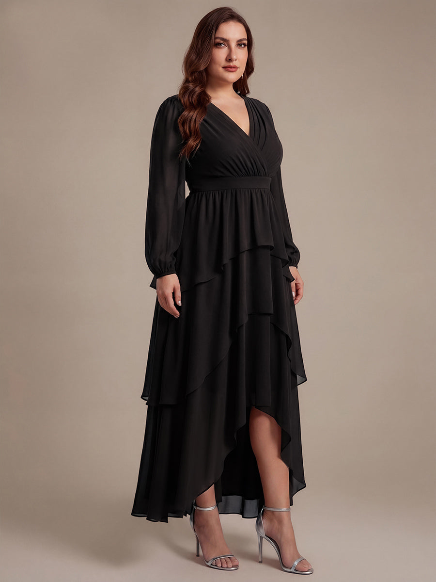 Robe à manches longues évasée non élastique avec encolure croisée à volants #Couleur_Noir