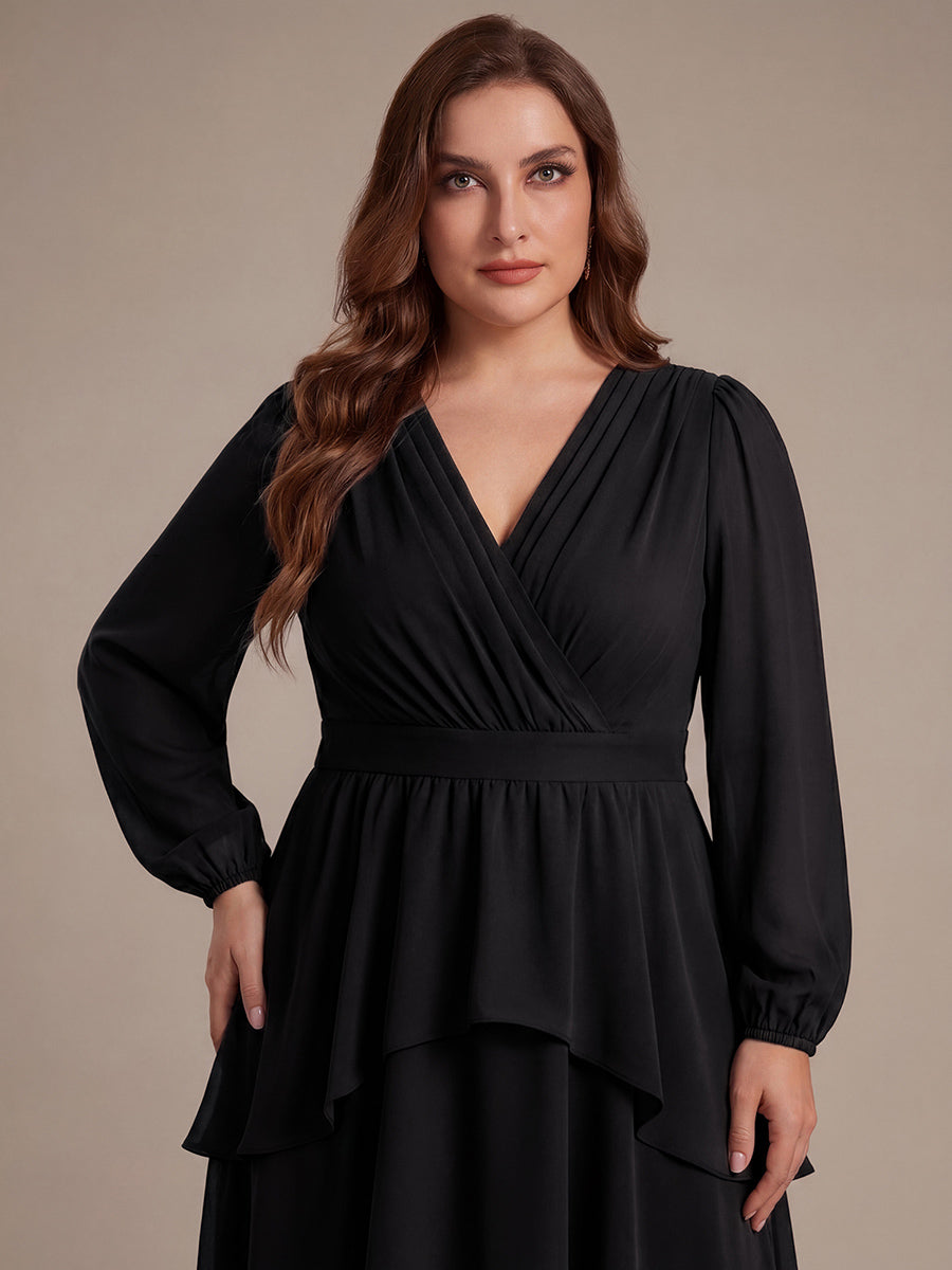 Robe à manches longues évasée non élastique avec encolure croisée à volants #Couleur_Noir
