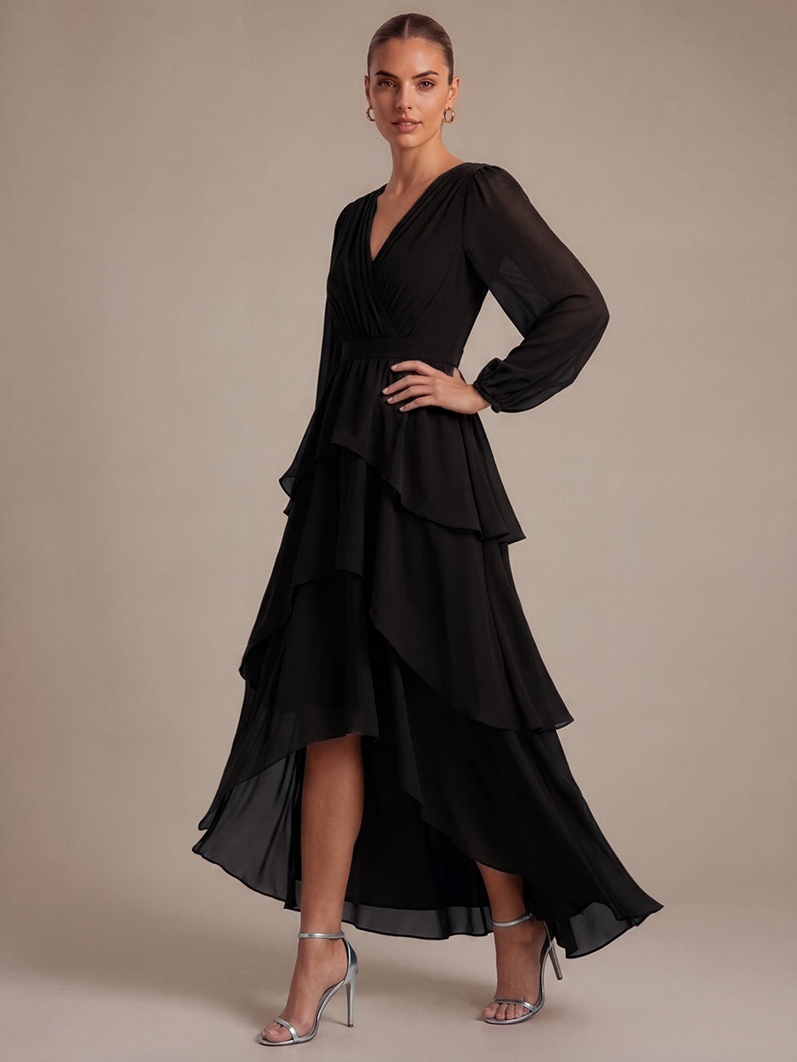 Robe à manches longues évasée non élastique avec encolure croisée à volants #Couleur_Noir