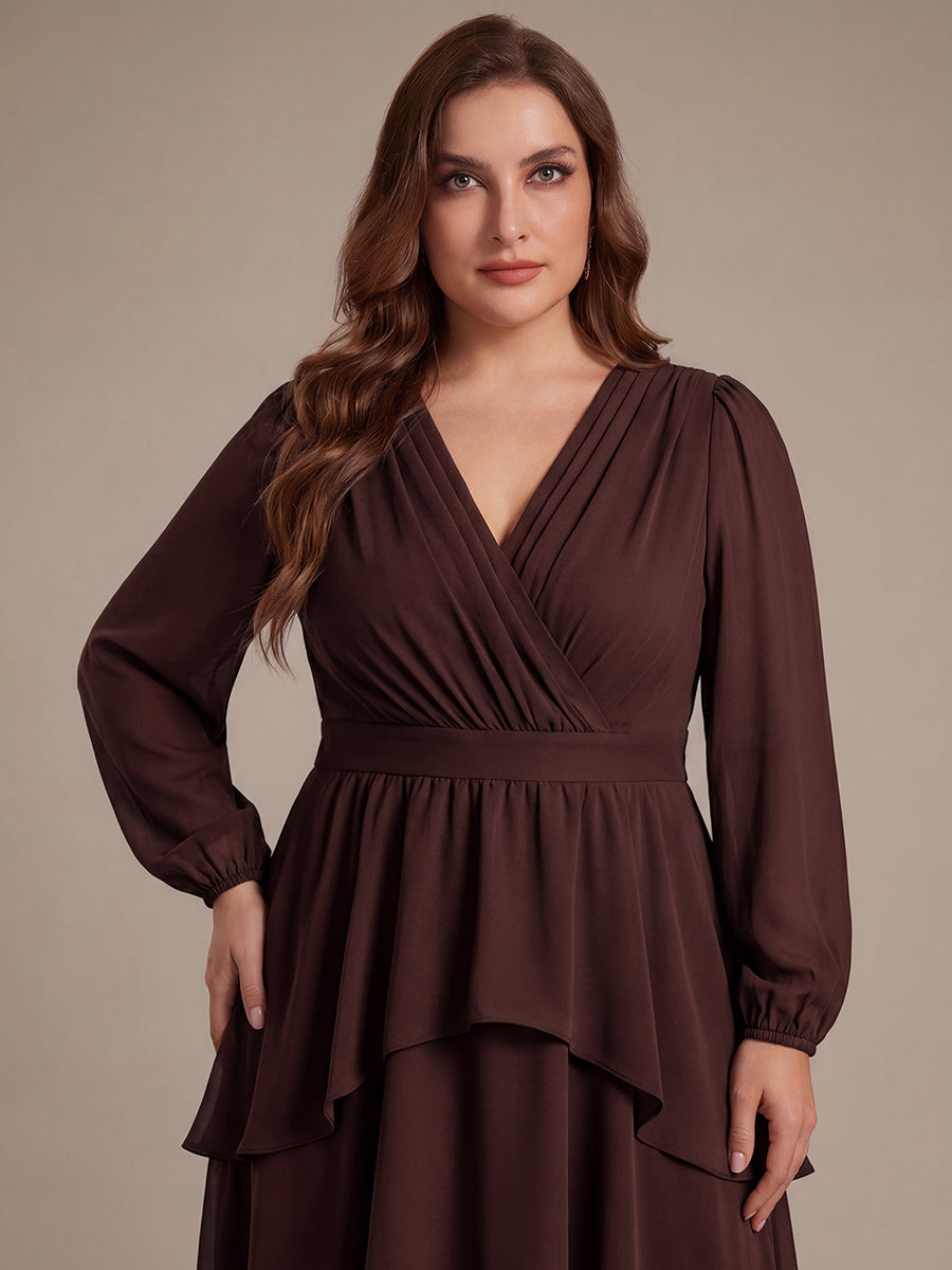 Robe à manches longues évasée non élastique avec encolure croisée à volants #Couleur_Marron chocolat