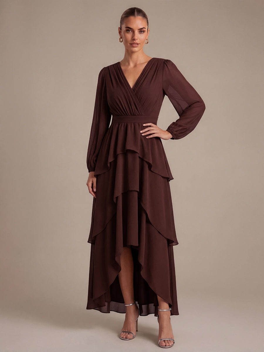 Robe à manches longues évasée non élastique avec encolure croisée à volants #Couleur_Marron chocolat