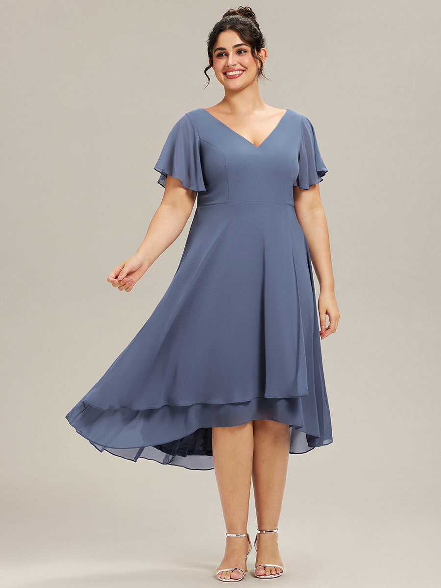 Robe Mariage Invitée haute-basse mousseline col en V Manches à volants #Couleur_Marine Fume