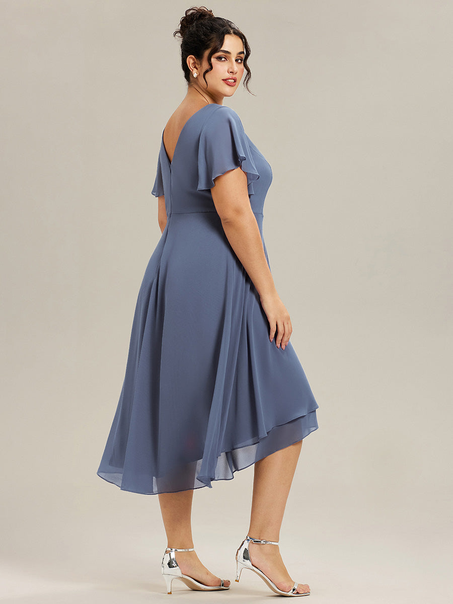 Robe Mariage Invitée haute-basse mousseline col en V Manches à volants #Couleur_Marine Fume
