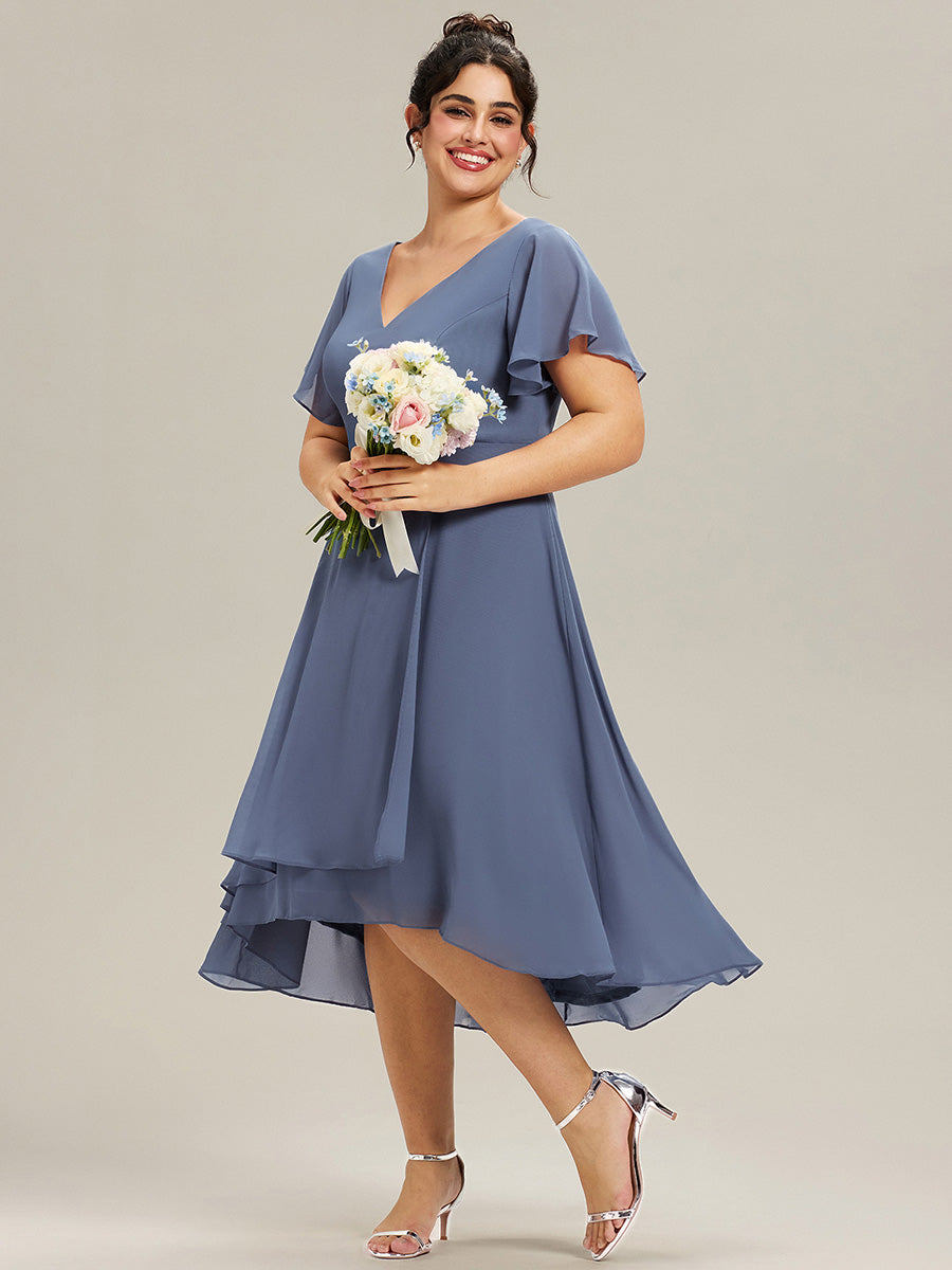 Robe Mariage Invitée haute-basse mousseline col en V Manches à volants #Couleur_Marine Fume