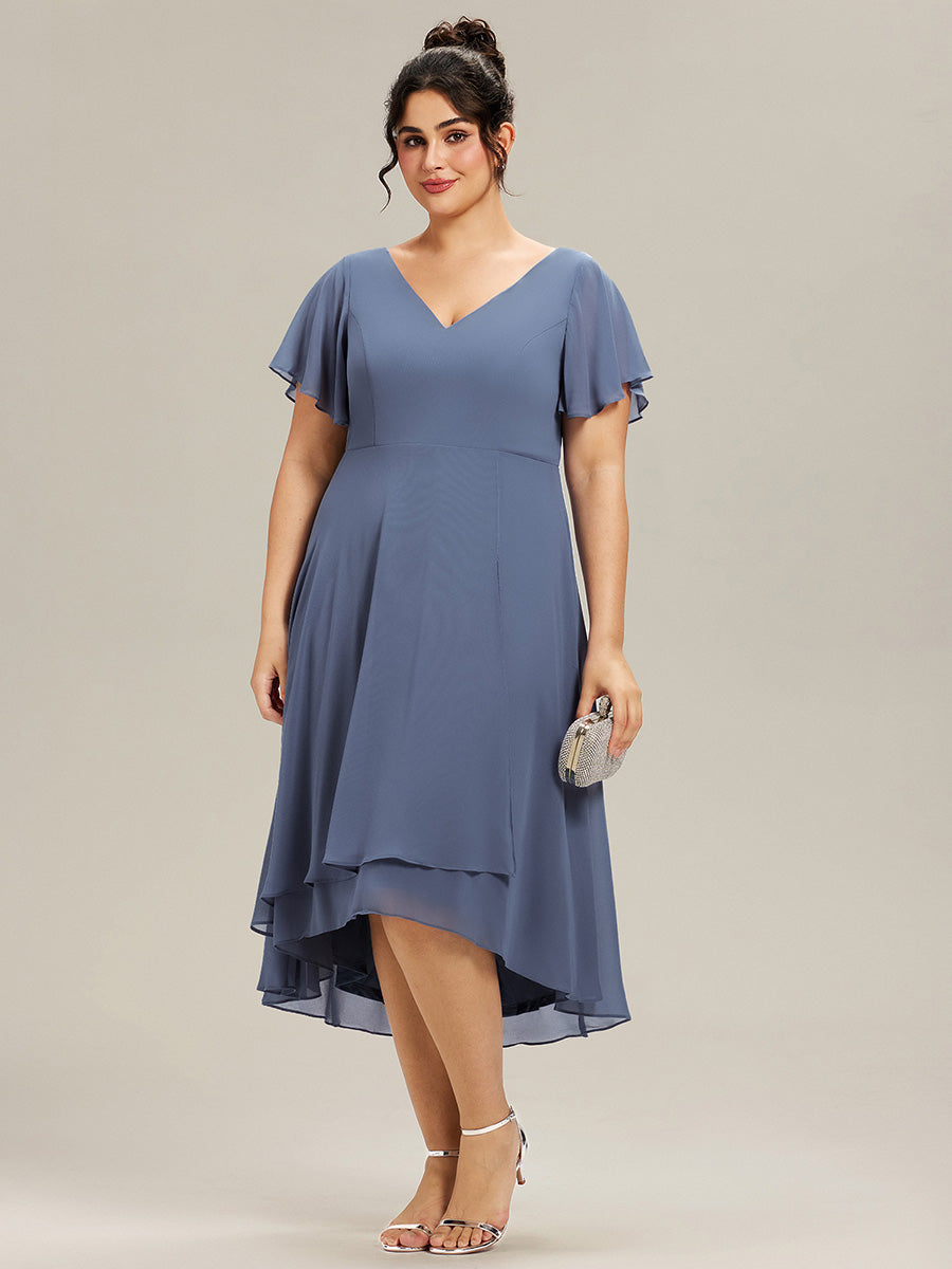 Robe Mariage Invitée haute-basse mousseline col en V Manches à volants #Couleur_Marine Fume
