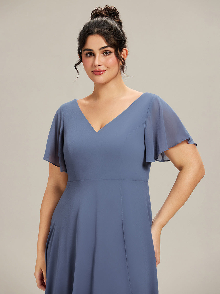 Robe Mariage Invitée haute-basse mousseline col en V Manches à volants #Couleur_Marine Fume