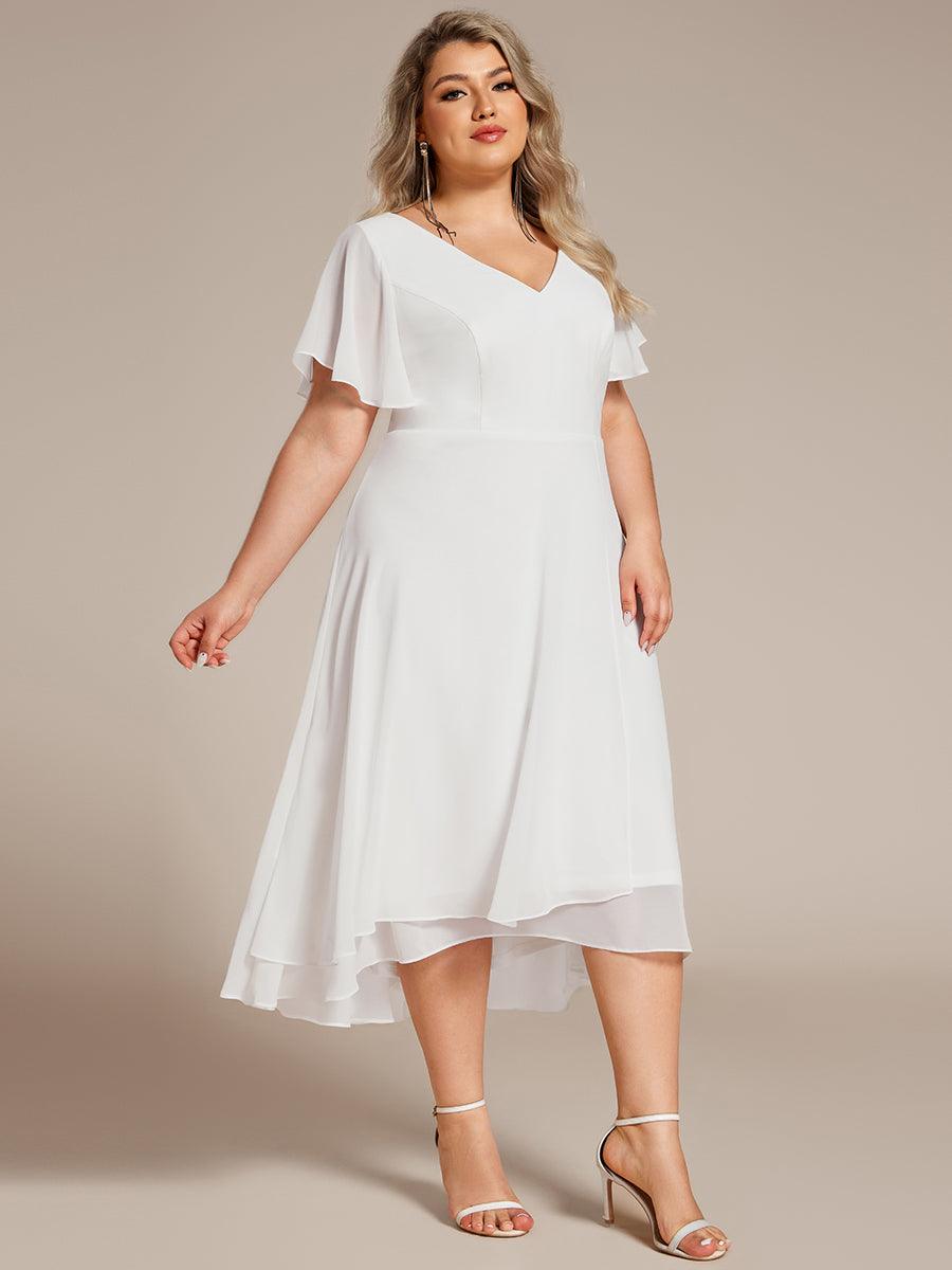 Robe d'invité de mariage en mousseline de soie grande taille avec col en V et manches à volants #Couleur_Blanc
