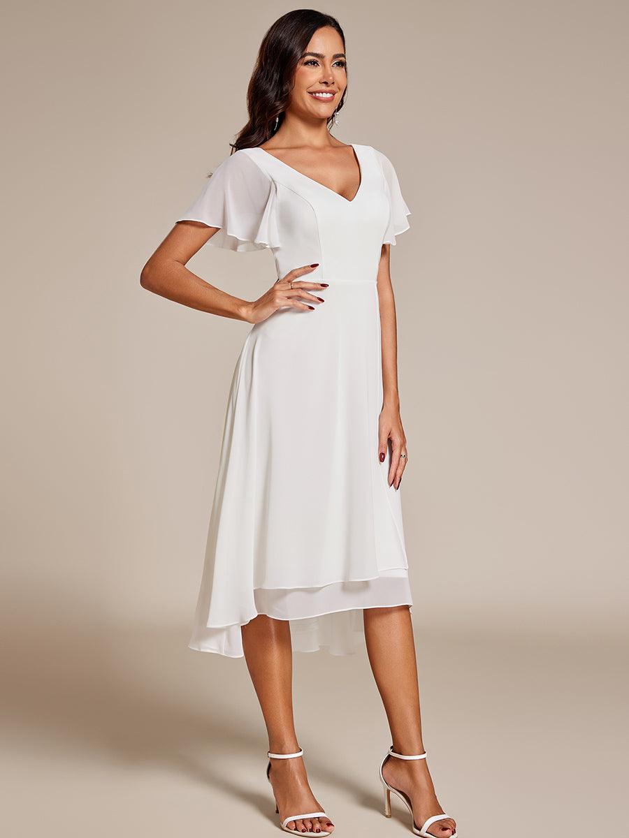 Robe Mariage Invitée haute-basse mousseline col en V Manches à volants #Couleur_Blanc