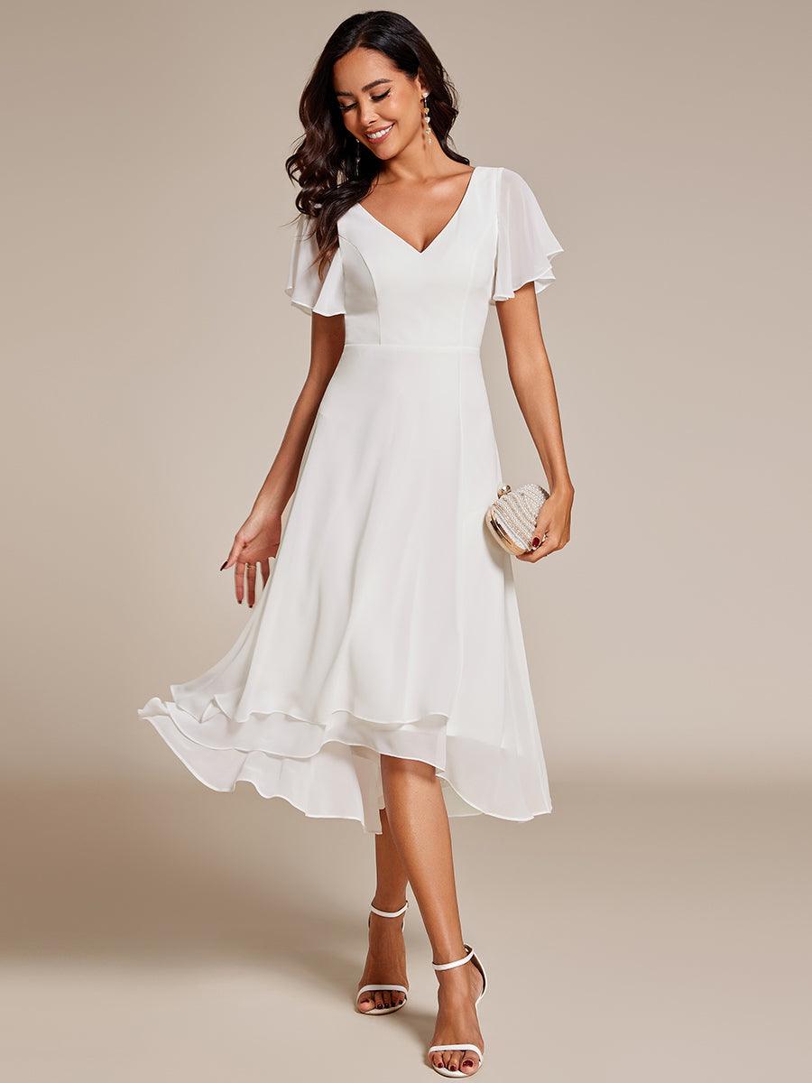 Robe Mariage Invitée haute-basse mousseline col en V Manches à volants #Couleur_Blanc