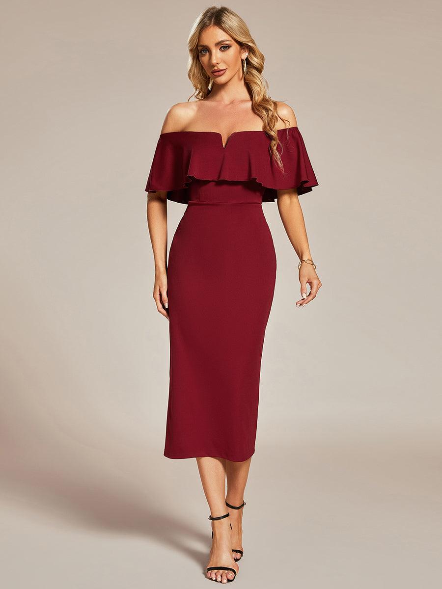 Robe Mariage Invitée moulante à épaules dénudées Longueur du thé #Couleur_Bordeaux Robe Mariage Invitée moulante à épaules dénudées Longueur du thé
