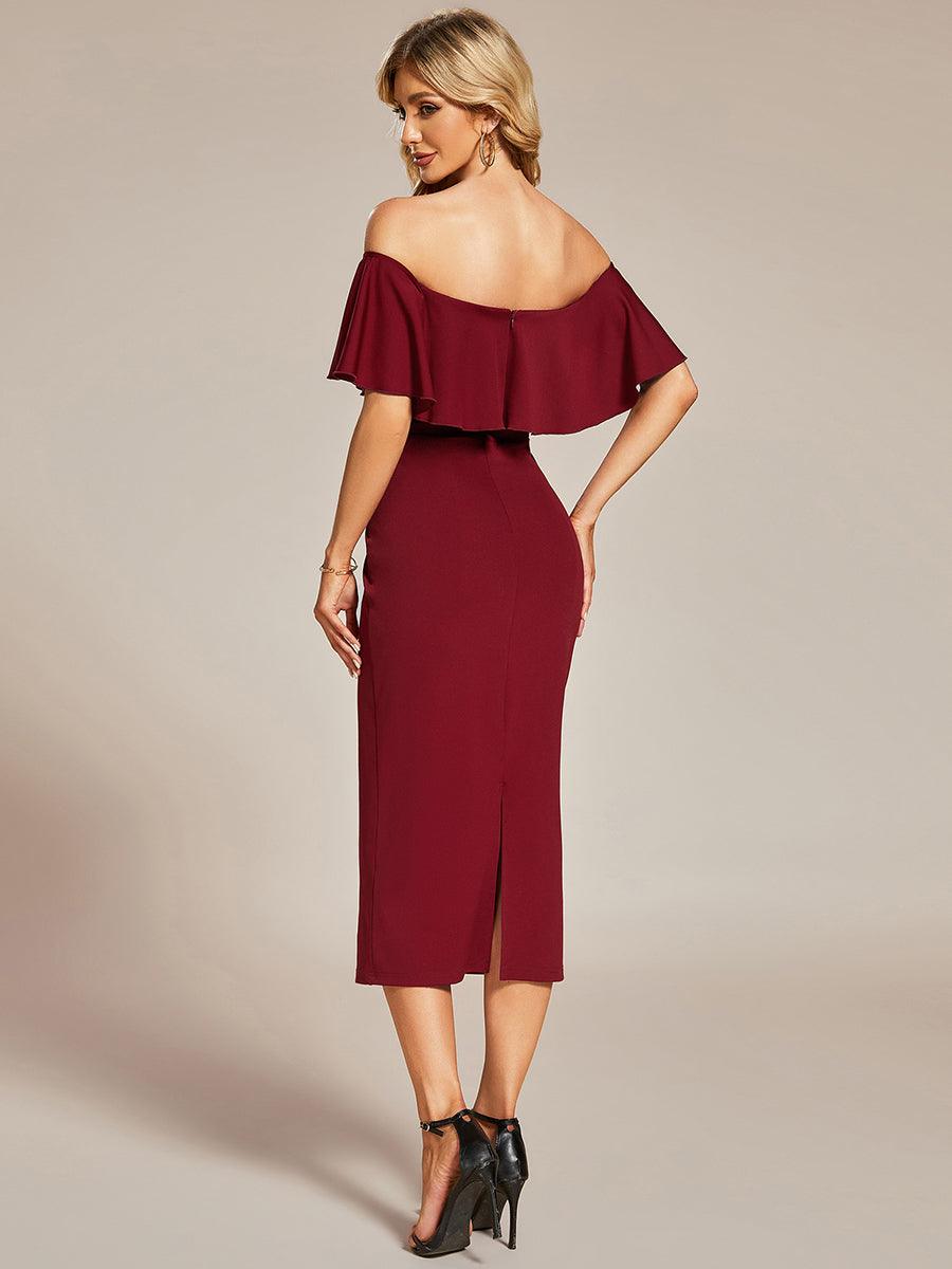 Robe Mariage Invitée moulante à épaules dénudées Longueur du thé #Couleur_Bordeaux Robe Mariage Invitée moulante à épaules dénudées Longueur du thé