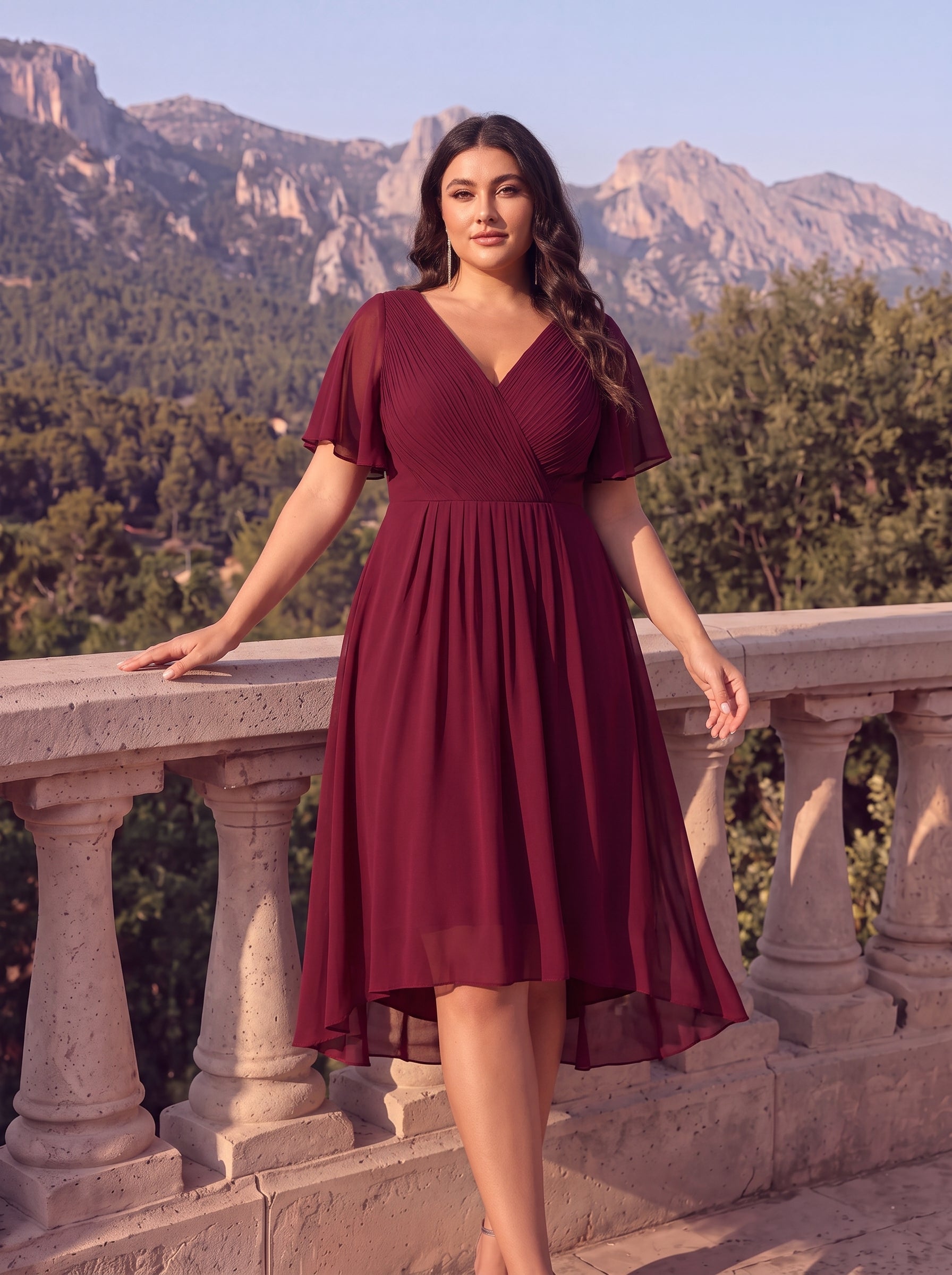 Grande Taille Robe d'invité de mariage chic à col en V #Couleur_Bordeaux