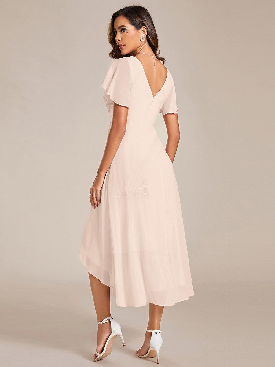 Robe d'invitée de mariage chic à col en V et manches courtes #Couleur_Blush