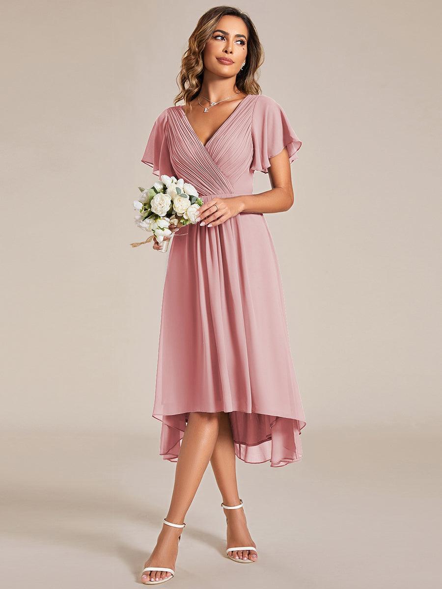 Robe d'invité de mariage chic à col en V #Couleur_Rose fumee