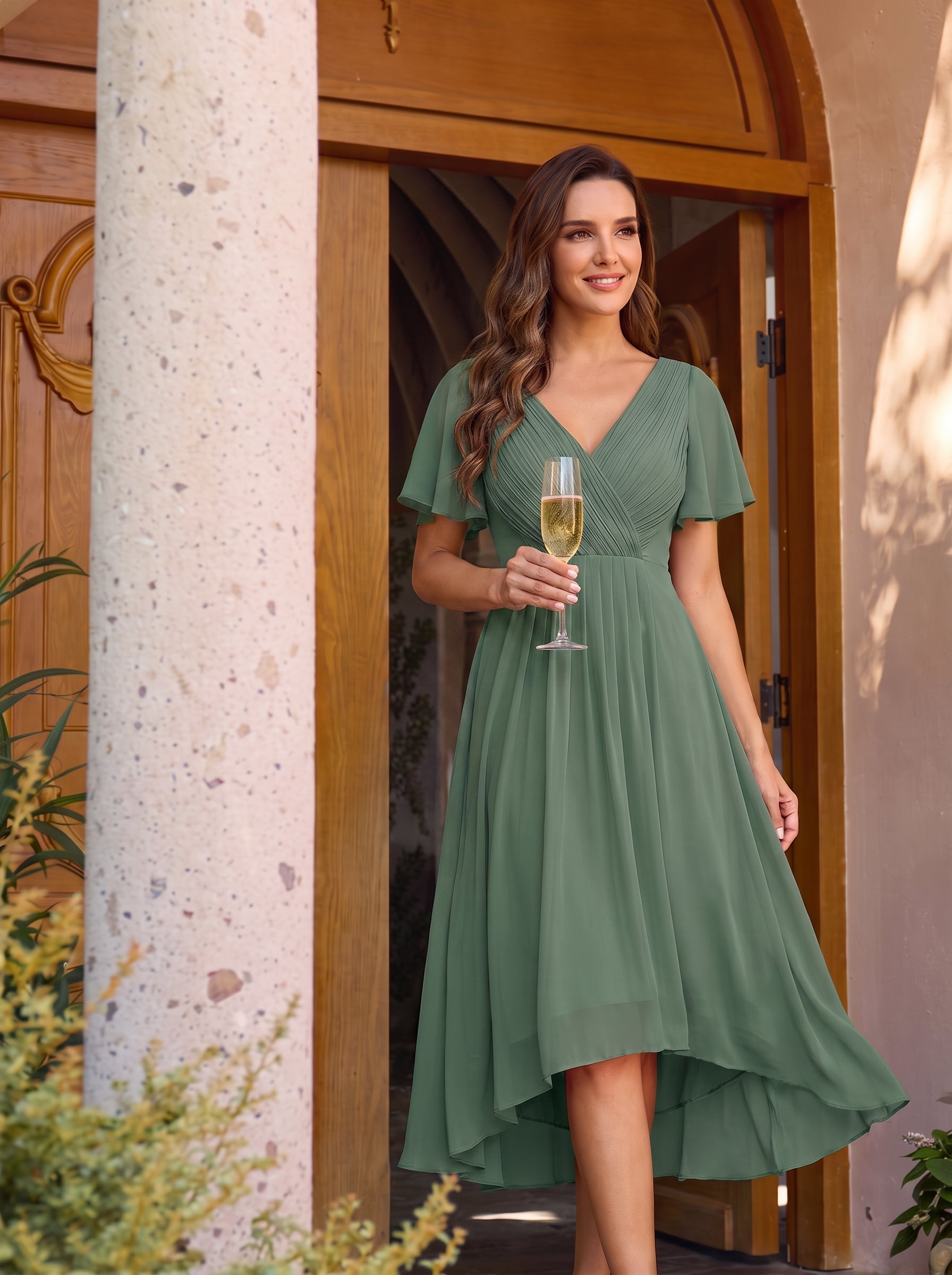 Robe d'invité de mariage chic à col en V #Couleur_Eukalyptus Grün