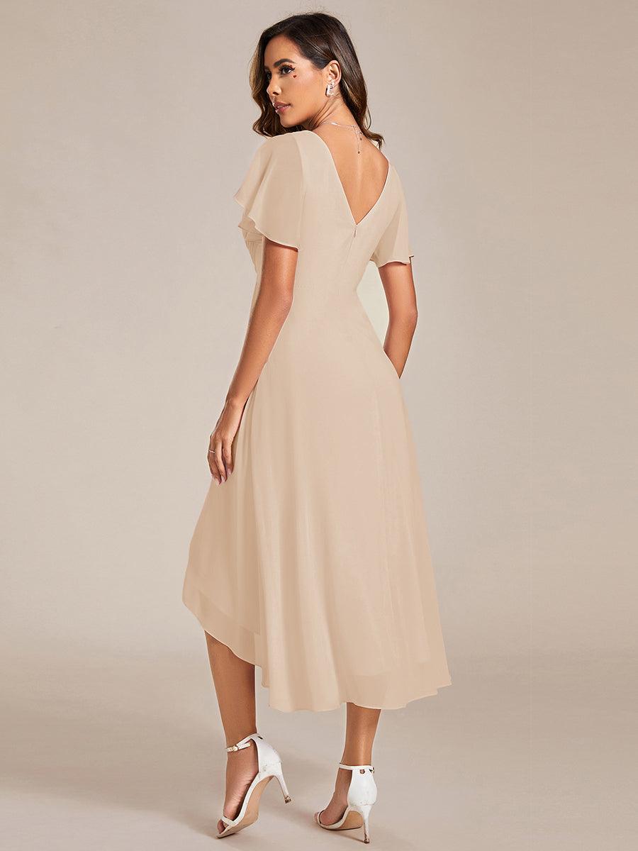 Robe d'invitée de mariage chic à col en V et manches courtes #Couleur_Dorée
