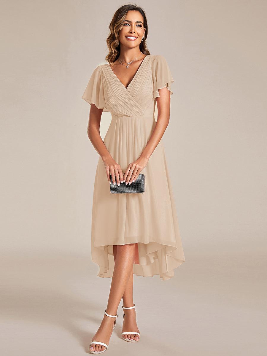 Robe d'invitée de mariage chic à col en V et manches courtes #Couleur_Dorée