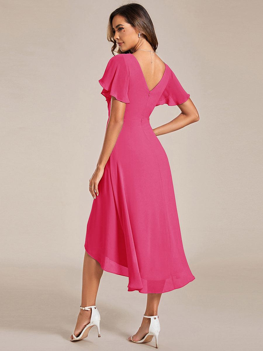 Robe d'invitée de mariage chic à col en V et manches courtes #Couleur_Rose Vif