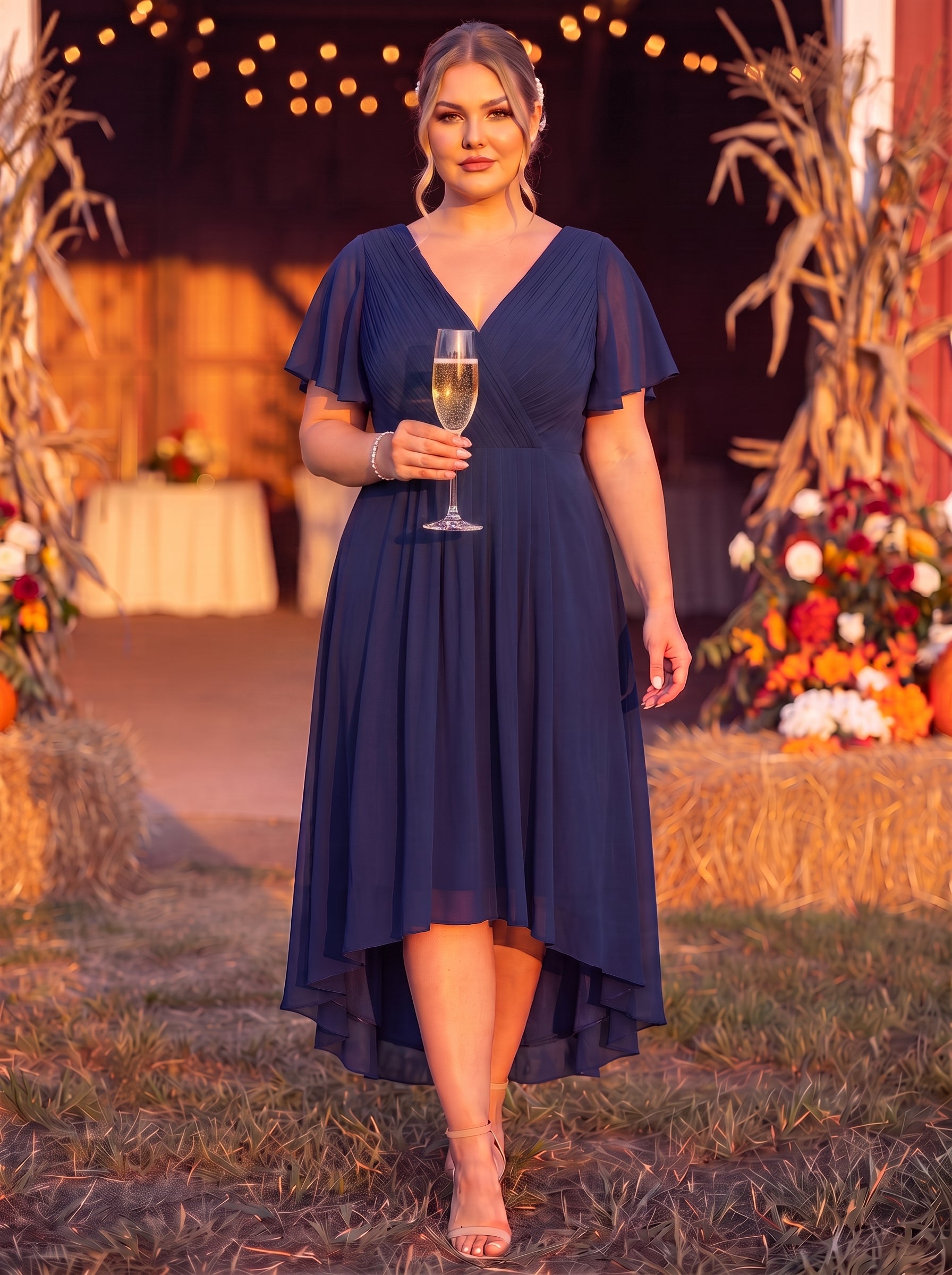 Grande Taille Robe d'invité de mariage chic à col en V #Couleur_Bleu Marine