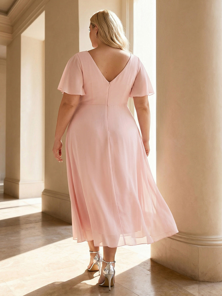 Grande Taille Robe d'invité de mariage chic à col en V #Couleur_Rose