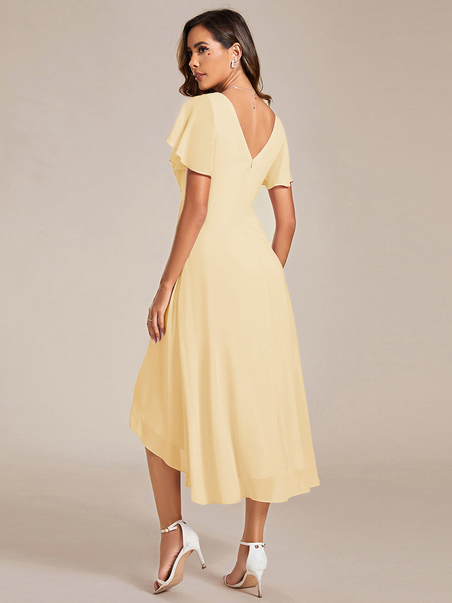 Robe d'invitée de mariage chic à col en V et manches courtes #Couleur_Jaune