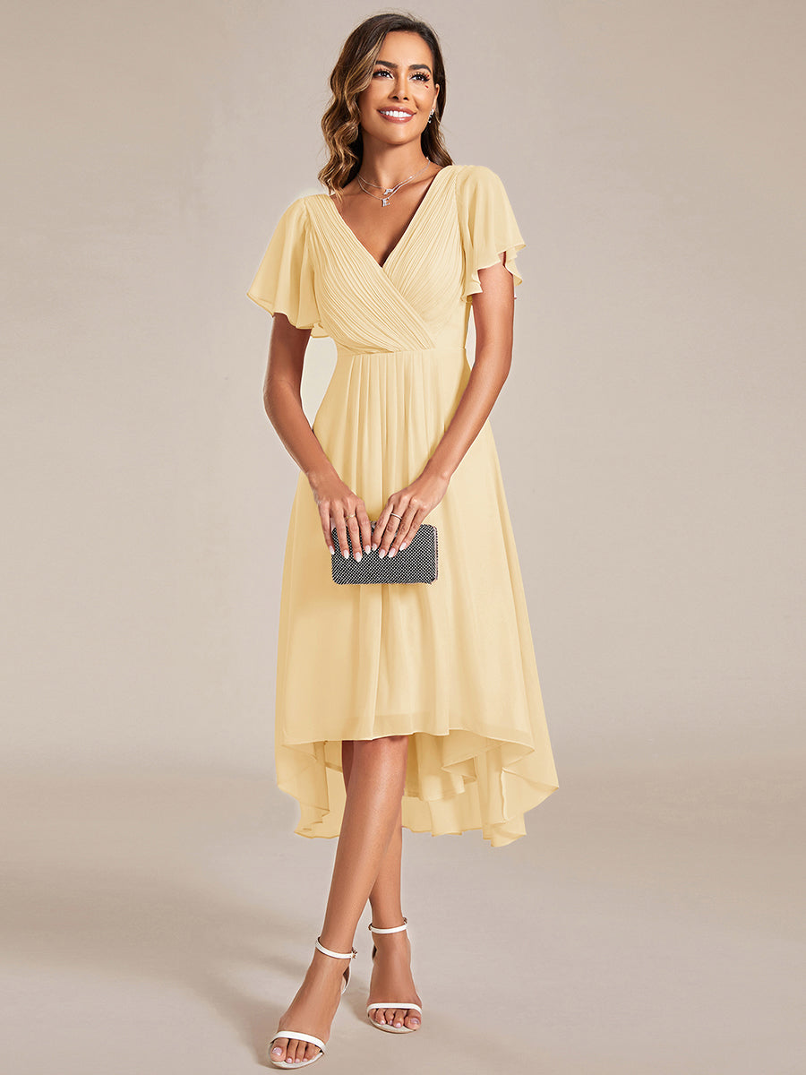 Robe d'invitée de mariage chic à col en V et manches courtes #Couleur_Jaune
