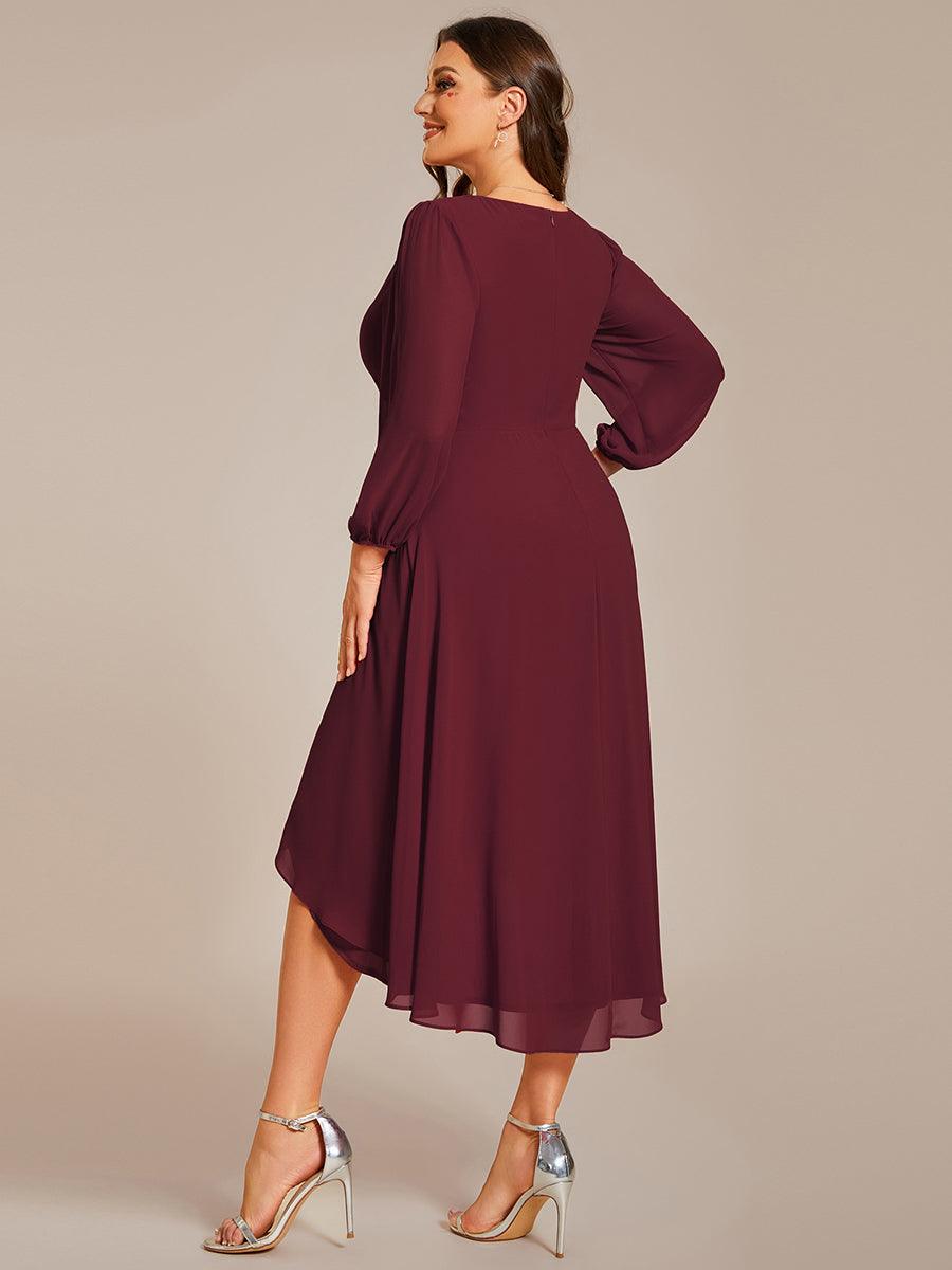 Grande Taille Robe invité de mariage mi-longue manches longues ourlet asymétrique #Couleur_Bordeaux