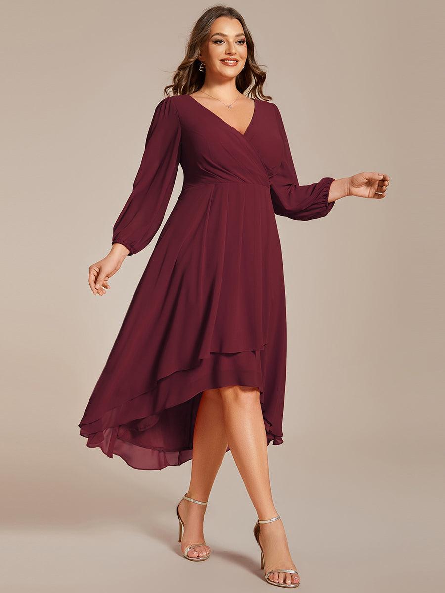 Grande Taille Robe invité de mariage mi-longue manches longues ourlet asymétrique #Couleur_Bordeaux