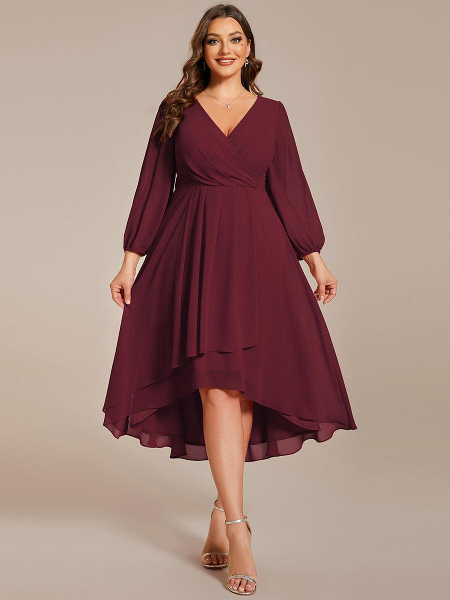 Grande Taille Robe invité de mariage mi-longue manches longues ourlet asymétrique #Couleur_Bordeaux