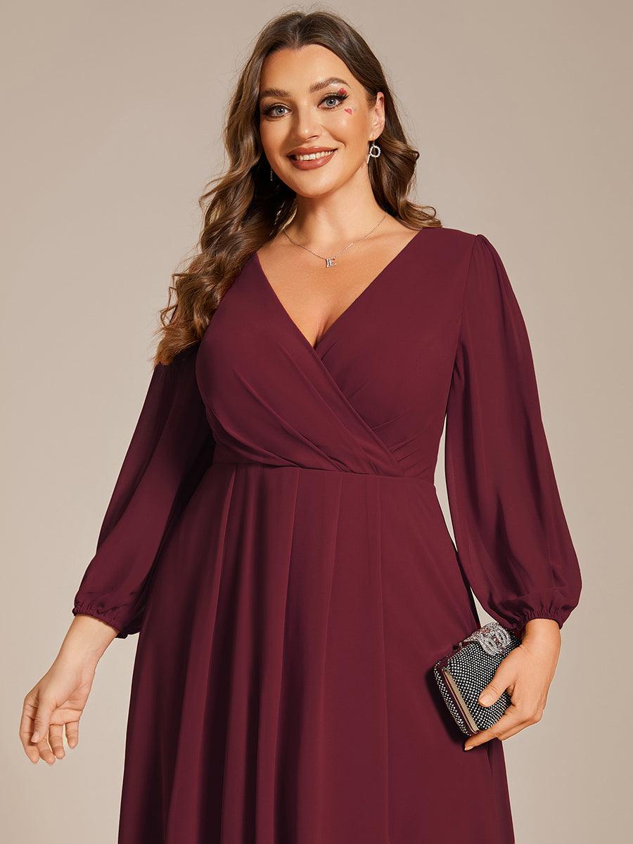 Grande Taille Robe invité de mariage mi-longue manches longues ourlet asymétrique #Couleur_Bordeaux