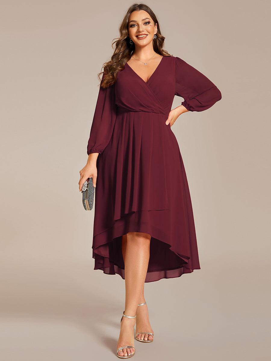 Grande Taille Robe invité de mariage mi-longue manches longues ourlet asymétrique #Couleur_Bordeaux