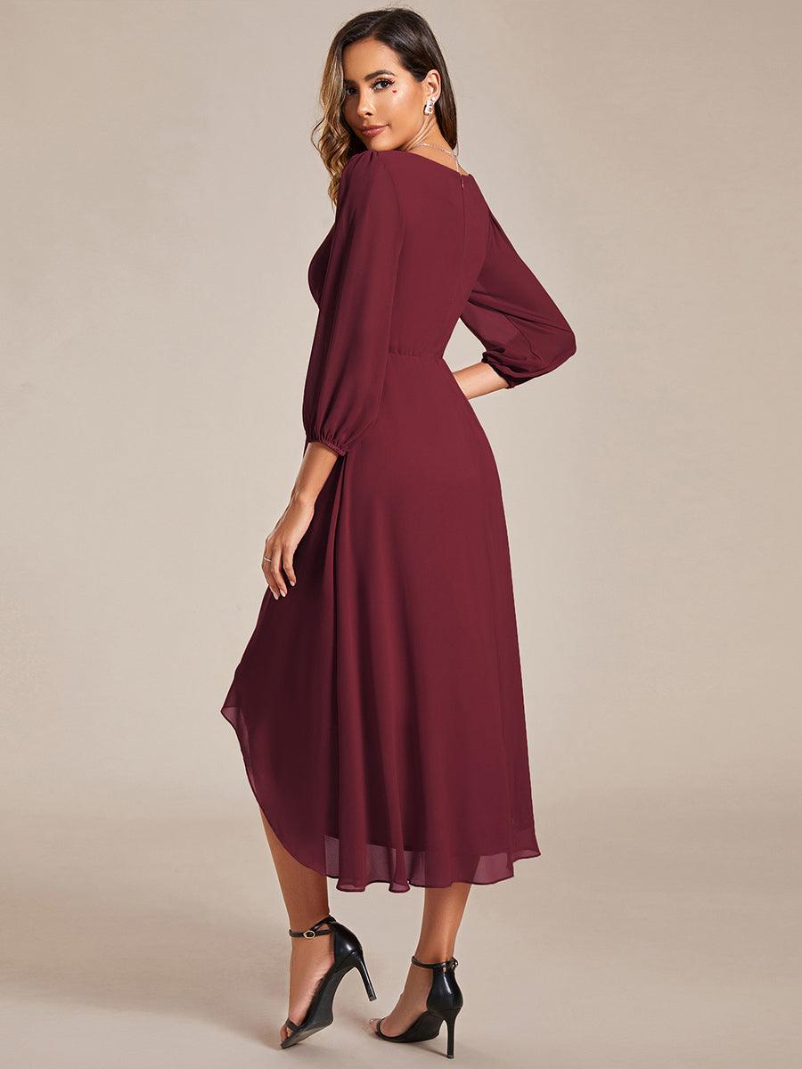 Robe invité de mariage mi-longue manches longues ourlet asymétrique #Couleur_Bordeaux
