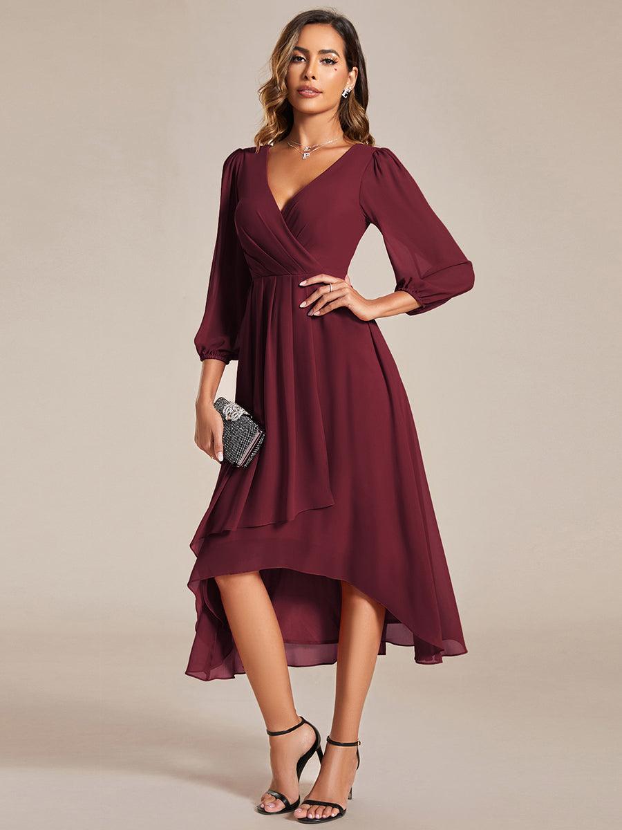 Robe invité de mariage mi-longue manches longues ourlet asymétrique #Couleur_Bordeaux
